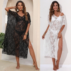 Lace beach cover-up featuring deep V-neck, oversized sleeves, and high side slits design