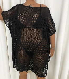 Robe de plage noire grande taille au crochet ajouré avec motifs et manches chauve-souris