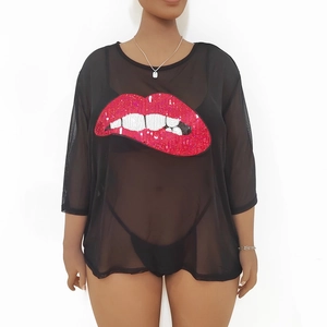 Detail of red sequined lips embroidery on black sheer mesh plus size t-shirt top