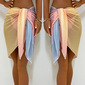 Detailed close-up of vibrant gradient mesh beach sarong with lace-up wrap design