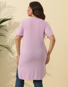 Rear view of light purple longline short sleeve t-shirt with side split and casual fit