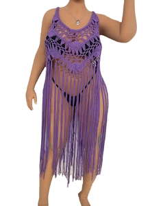 Purple crochet beach cover-up with deep V-neck, boho fringe, and openwork knit pattern