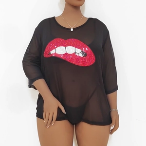 Detail of red sequin lip pattern on black sheer mesh top with transparent texture