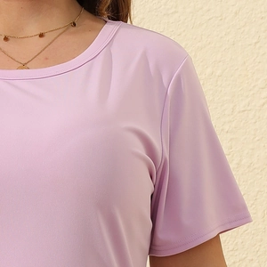Detail of the crew neck and smooth light purple fabric on this plus size casual t-shirt