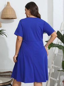 Back view of a royal blue short-sleeved A-line dress with a classic round neckline