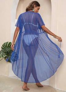 Detail of blue lace beach cover-up with hollow crochet knit and back lace-up closure