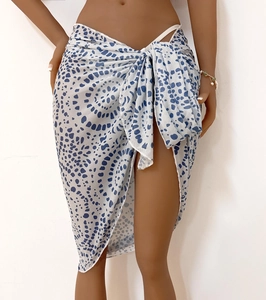 Polka dot wrap beach sarong skirt with side tie and sexy high slit in white and blue