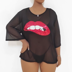 Plus size sheer mesh t-shirt featuring vibrant sequin lip applique and loose fit design