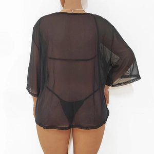 Detailed back view of a black mesh beach cover-up featuring loose-fit and half sleeves