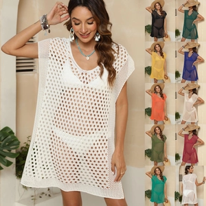 Women's Crochet Hollow Out Beach Cover Up Sexy V Neck Side Slit Bikini Swimwear Mesh Knit Dress Beachwear Resort Wear