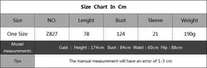Detailed size chart for women's knit beach cover-up showing CM measurements and model data