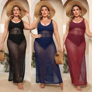 Plus Size Women Crochet Beach Cover Up Dress Sexy Hollow Out Mesh Knit Sleeveless Split Long Sarong Swimwear Smock