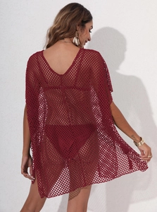 Back view of burgundy mesh crochet beach cover-up with breathable hollow knit design