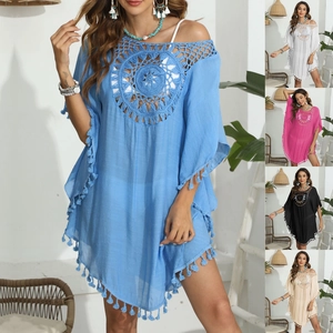 Cache-maillot de Plage Bohème au Crochet pour Femmes Sexy Ajouré Col Rond Lâche Vacances Bikini Kaftan Robe pour Maillots de Bain Été