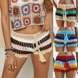 Women Bohemian Crochet Shorts Striped Color Block Hollow Out Beach Hot Pants With Tassel Drawstring Summer Casual Knitwear
