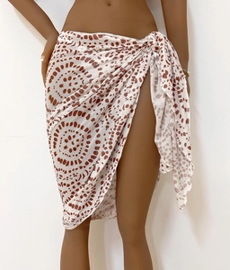Polka dot beach sarong wrap skirt with side tie in white and red-brown print