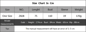 Detailed size chart for women hollow crochet beach cover up with model measurements