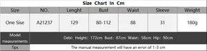 Detailed size chart for lace beach cover-up with length and bust measurements