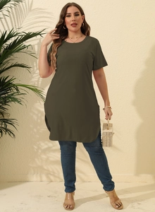Detail view of plus size olive green longline t-shirt with curved hem and side slit