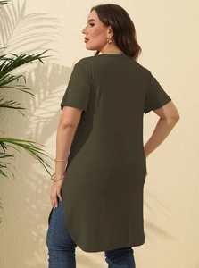 Back view of a plus-size dark olive green longline t-shirt with side slit and curved hem
