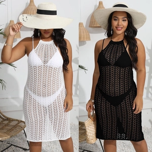 Grande Taille Cache-Maillot de Plage au Crochet Ajouré Dos Nu à Nouer Sans Manches Style Bohémien Maillot de Bain Vacances