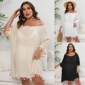 Robe Cache-maillot de Plage Grande Taille Femme Sexy Épaules Dénudées Dos Nu Avec Glands Colorés Polyester Vacances