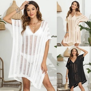 Detailed knit patterns on V-neck beach cover-ups shown in white, apricot, and black