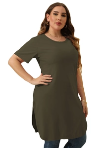Plus size women's olive green short sleeve longline t-shirt dress with side slits