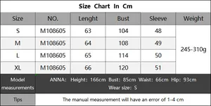 Detailed size chart for crochet patchwork long sleeve sweater with model measurements