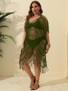 Dark green crochet hollow-out beach cover-up dress with fringe hem and boho style