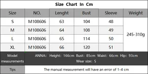 Detailed size chart in cm for embroidered knit sweater featuring length and bust measurements