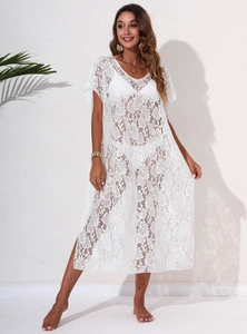 Elegant white floral lace beach cover-up with a V-neck and loose sheer maxi dress style