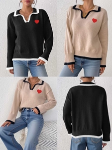 Women Casual Heart Patch Knitted Sweater Contrast Polo Collar Color Block Long Sleeve Pullover Soft Knit Top Autumn Winter