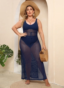 Detail of navy blue crochet knit beach cover-up with drawstring waist and hollow texture