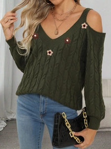 Deep green V-neck cable knit sweater with off-shoulder cut and 3D crochet flowers