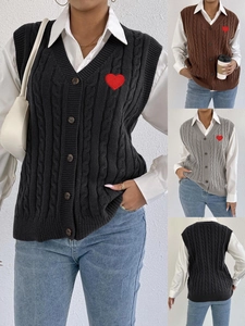Women Casual Cable Knit Sweater Vest V-Neck Button Down Cardigan Heart Patch Sleeveless Knitwear Waistcoat Top