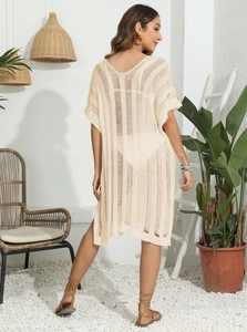 Sexy beige crochet knit beach cover-up dress with hollow-out design and side slits