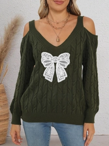Army green cable knit sweater with lace bow detail and sexy cold shoulder V-neckline