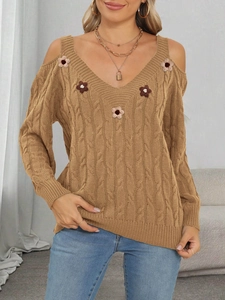 Women's camel cold shoulder knit sweater with cable pattern and 3D floral accents