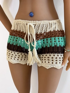 Women's boho crochet striped shorts with drawstring tassels in a multi-color knit design