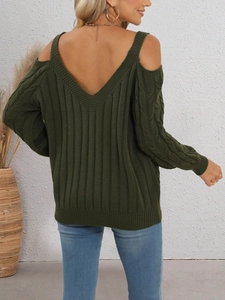 Olive green off-shoulder cable knit sweater for women with V-back detail and lace accents
