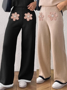 Pantaloni a Gamba Larga in Maglia a Vita Alta da Donna Con Finiture a Contrasto Patchwork Floreale 3D Pantaloni Dritti Casual