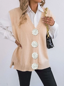 Women's knit V-neck vest with white 3D flower appliques and pearl button details