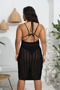 Robe de plage sexy en crochet noir dos nu avec détails lacés pour femmes chic et d'été
