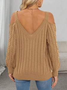 Detailed back view of a cold shoulder cable knit sweater with a deep V-neck cross design