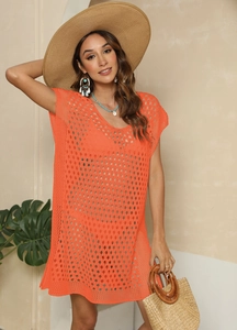 Detail of orange hollow out knit beach cover up dress with side slit for women