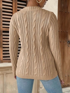 Back view of a khaki cable-knit crewneck sweater with thick texture and ribbed cuffs