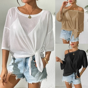 Three-color comparison of sheer knit off-shoulder beach cover-ups with side tie knot detail