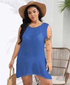Copricostume mare blu senza maniche in rete con taglio a trapezio per un look estivo