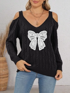 Women's Cable Knit Cold Shoulder Sweater Sexy V Neck Lace Bowknot Long Sleeve Pullover Autumn Winter Casual Knitwear Top
